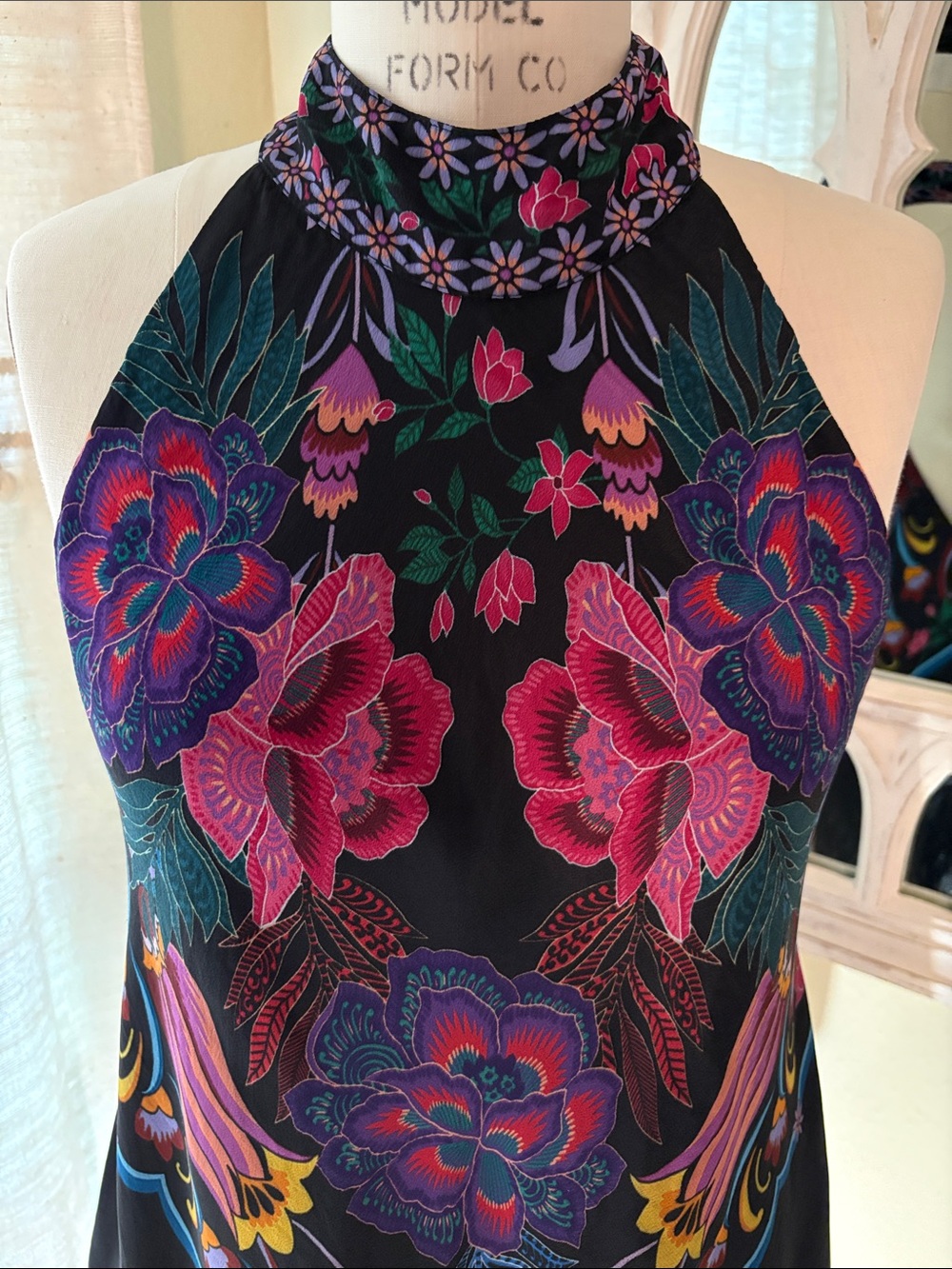 Jade By Johnny Was Black Floral Halter Tunic with Pink & Blue Accents - Picture 3 of 5